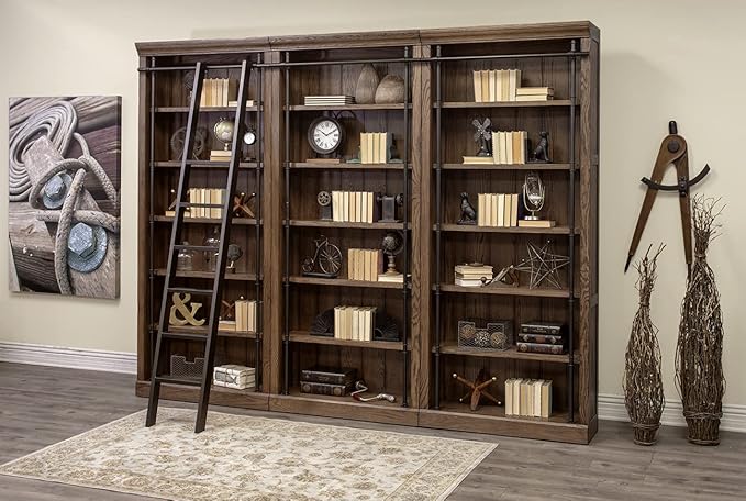 Martin Furniture Avondale 120" W Contemporary Wood Bookcase Wall with Ladder Storage Organizer Display, 5 Adjustable Shelves, Ringed Steel Frame, Fully Assembled, in Brown Finish