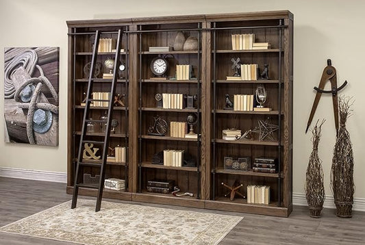 Martin Furniture Avondale 120" W Contemporary Wood Bookcase Wall with Ladder Storage Organizer Display, 5 Adjustable Shelves, Ringed Steel Frame, Fully Assembled, in Brown Finish