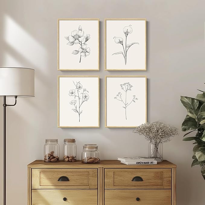 Framed Botanical Wall Art for Bathroom, Set of 4 Neutral Minimalist Beige Floral Painting Prints for Modern Farmhouse Decor, Black and White Flowers Plant Artwork for Rustic Bedroom Living Room, 11x14