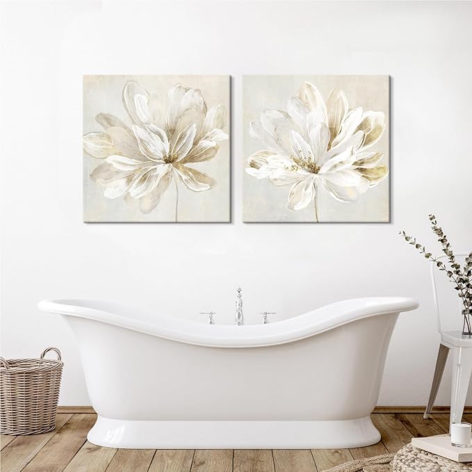SEVEN WALL ARTS 2 Pcs Beige and Gold Flower Wall Art Blooming Flower Abstract Floral Artwork Canvas Print Poster for Living Room Bedroom Office Wall Decor 24"x24"