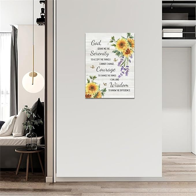 Serenity Prayer Wall Decor Christian Religious Sunflower Pictures Inspirational Bible Verses Scripture Canvas Wall Art God Painting Home Modern Artwork Framed for Living Room Bedroom Office 12x16inch