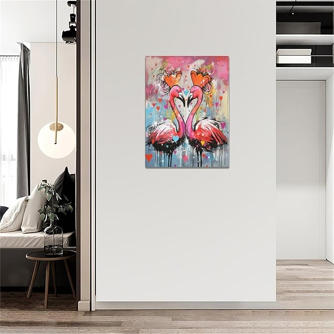 yerretin Flamingo Wall Art Banksy Graffiti Pictures Wall Decor Pink Canvas Painting Modern Home Decoration Artwork for Bathroom Bedroom Living Room Office Framed 12"x16"