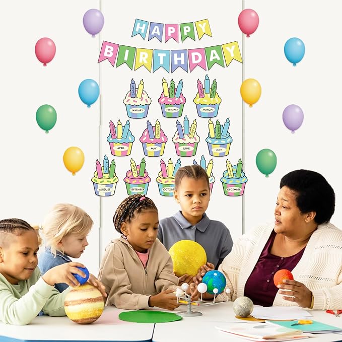 JarThenaAMCS 85Pcs Happy Birthday Bulletin Board Set Colorful Cake Balloon Candles Calendar Poster Classroom Birthday Chart for Back to School Decorations