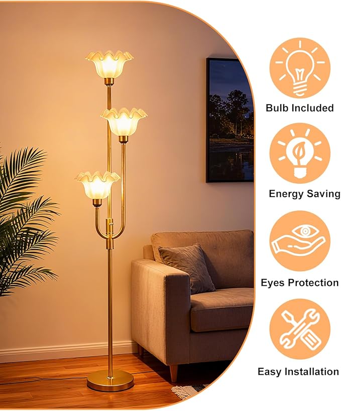 Lightdot 66IN Flower Floor Lamp 3-Lights Vintage Floor Lamps with 3000K Bulbs Included for Wedding Party Modern Dimmable Gold Tall Standing Lamp for Living Room/Bedroom/Sofa Beside/Corner Decor