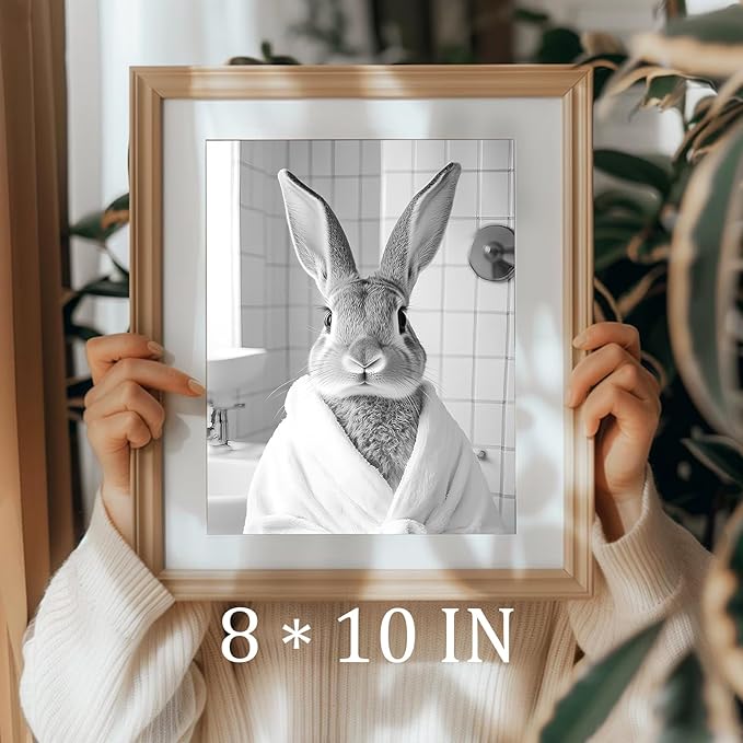 uniro Funny Bathroom Wall Art Prints Black and White Bath towel bunny Bathroom Picture Wall Decor Whimsical Farmhouse Decor Cute Rabbit Animal Canvas Print Painting Modern Bathroom Signs Wall Art Poster for Bathroom Decor( 8" x 10"-UNFRAMED)