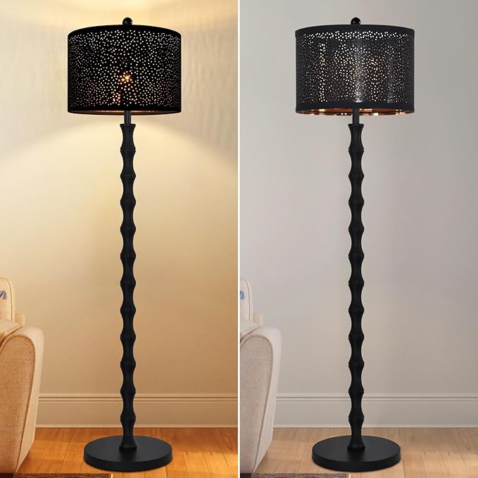 Gothic Black Floor Lamp for Living Room Bedroom,Vintage Standing Tall Lamp with Drum Lampshade,Farmhouse Unique Floor Lamps,Modern Mid Century Iron Floor Lamp for Office Corner(Bulb Included)