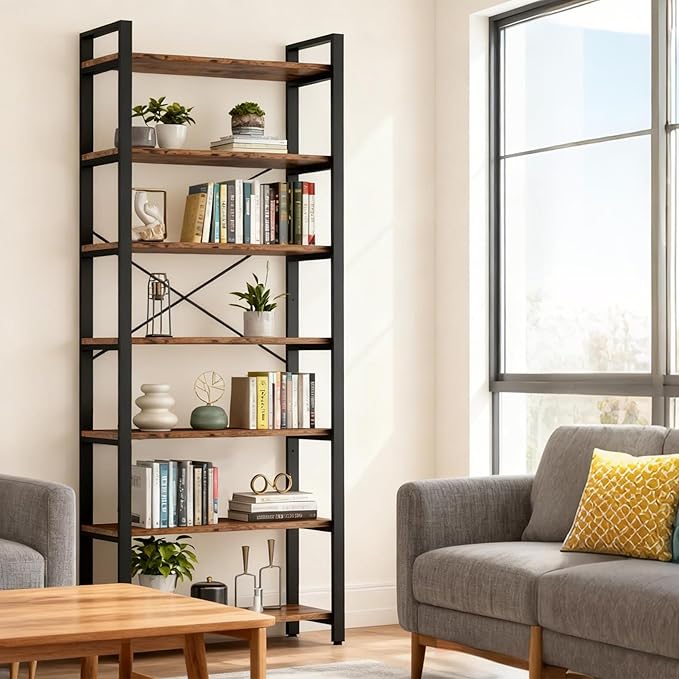 Book Shelf,6 Tier Bookshelves,Industrial Wood Bookcase,72" H Ladder Bookshelf,Home Office Bookcase Shelf Storage Organizer,Ladder Shelf for Bedroom,Living Room
