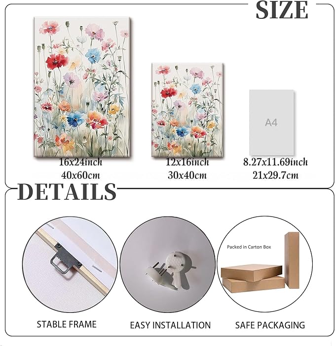KISSFOX Framed Colorful Wildflower Canvas Wall Art Set Of 3 Flowers Pictures Prints Flowers Printing Floral Watercolors Flower wall Decor Living Room Girls Bedroom Bathroom
