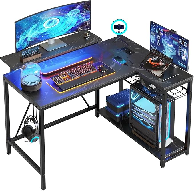 Bestier Gaming Desk with Power Outlets, 42" L-Shaped Gaming Desk with LED Lights, Desk with Reversible Storage Shelves & Hooks for Small Spaces, Bedrooms & Offices, Marble Black