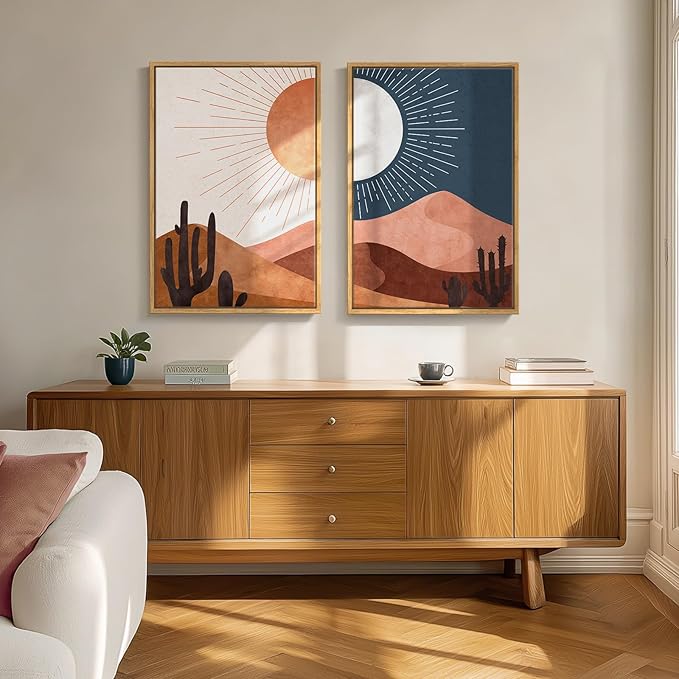 Framed Boho Desert Landscape Wall Art for Living Room, Mid Century Modern Set of 2 Painting Print Canvas Artwork for Walls, Large Bohemian Sun and Moon Cactus Wall Decor for Bedroom Office, 20x30 Inch