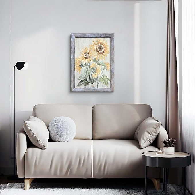 Botanical Wall Art Picture - Framed Sunflowers Floral Painting with Wood Texture for Bathroom and Bedroom 24"x18"