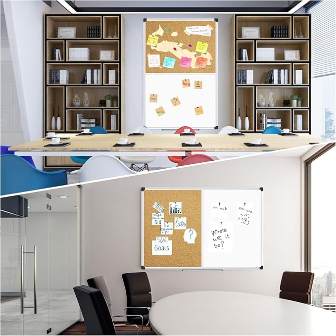 XBoard Large Magnetic White Board and Bulletin Corkboard Combination, 48 x 36 Inch Half Dry Erase & Cork Combo Board for wall with Aluminum Frame, 4' x 3' Notice Memo Board Pin Board Vision Board