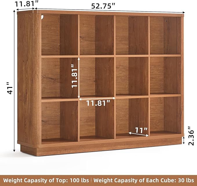 12 Cube Storage Organizer, 41" Wide Large Bookshelf with Curved Edge, Wood Floor Standing 3-Tier Cubby Bookcase w/Base, Rustic Display Storage Cabinet, Book Case for Home Office, Brown