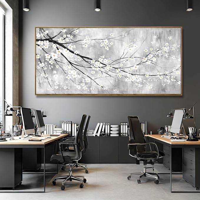 Large White Black Gray and Gold Plum Blossom Canvas Wall Art Framed Modern Zen Nature Floral Posters for Bedroom Living Room Office Hallway Wall Decor 40x88 Inch