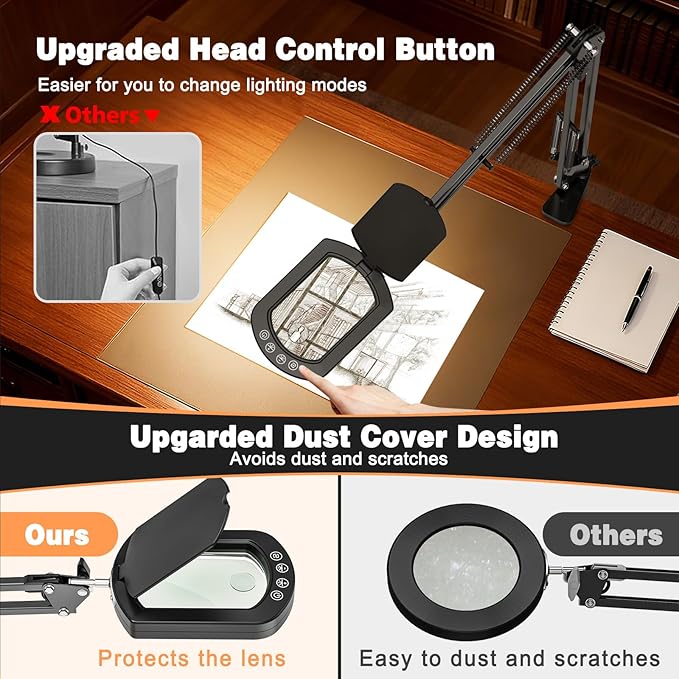 Magnifying Glass with Light and Clamp, 15X 10X Desk Rectangle Magnifying Lamp with Dust Cover, 5 Color Modes, 84 LED Lighted Magnifier Hands Free, Table Lamp with Touch Button for Repair Crafts Hobby