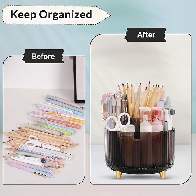 SKYDUE Rotating Pencil Pen Holder, Pen Organizer with 5 Slots - Aesthetic Desk Organizer and Accessories for School, Home, Office Supplies, Clear Black