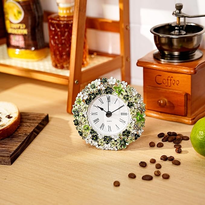 Mini Tabletop Clock, Decorative Vintage Floral Metal Table Clock with Battery Operated for Bedside, Table, Living Room, Home and Office