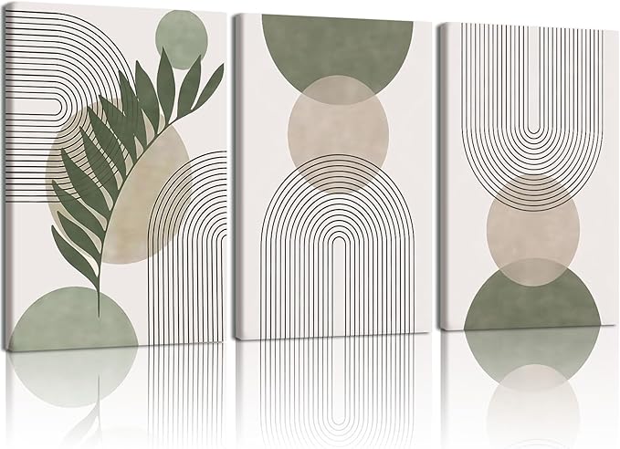 NCCXNCC 3Pcs Modern Geometric Canvas Wall Art Bohemian Style Green Abstract Wall Decor Art Minimalist Line Leaf Posters Print Suitable for Living Room Bedroom and Office Decoration 12x16 Inch Framed