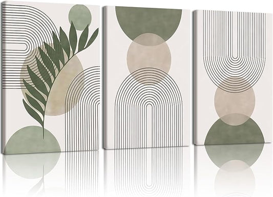 NCCXNCC 3Pcs Modern Geometric Canvas Wall Art Bohemian Style Green Abstract Wall Decor Art Minimalist Line Leaf Posters Print Suitable for Living Room Bedroom and Office Decoration 12x16 Inch Framed