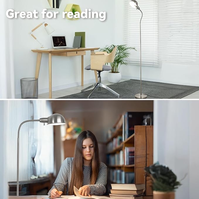 Dimmable Floor Lamp with Flexible Gooseneck and Rotatable Shade, Modern Style Standing Tall Lamp, E26 Socket, LED Reading Lamp (Sliver)