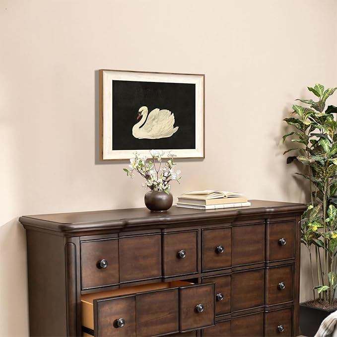 ASTRDECOR Vintage Framed Wall Art for Living Room, Vintage Swan Canvas Oil Painting for Bathroom Wall Decor, Classical Animal Framed Art for Home Decor Aesthetic, Zwaan Black and White Wall Art Prints for Bedroom Decor-10''x12''
