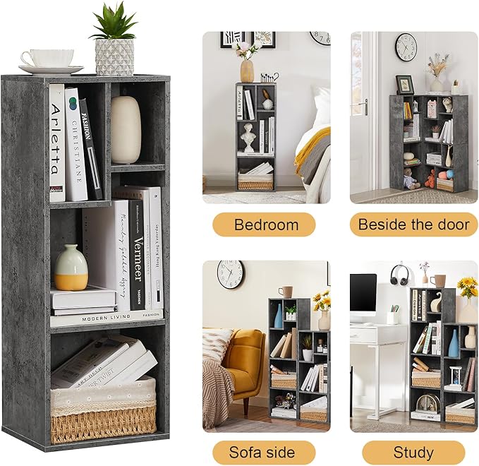 VECELO 3-Tier Small Bookcase, 4 Cube Bookshelf with Height Difference Shelves for Most Books, Modern Floor Standing Unit, Each Shelf Hold Up to 66 LBS for Living Room Bedroom, Grey