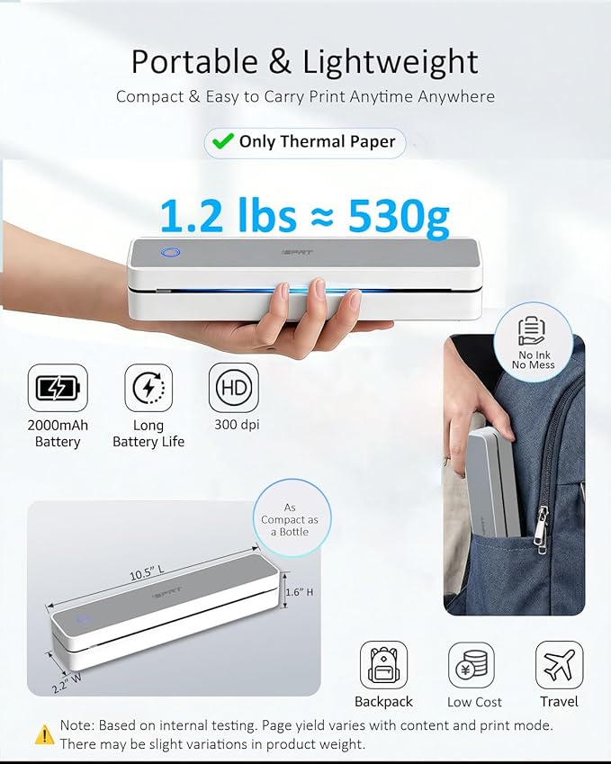 Inkless Portable Printer for Travel, Wireless Thermal Printer Supports 8.5 x 11" US Letter, A4, MT610Pro 300DPI Small Bluetooth Printers Compatible with iOS Android Laptop for Home Office Car, Grey
