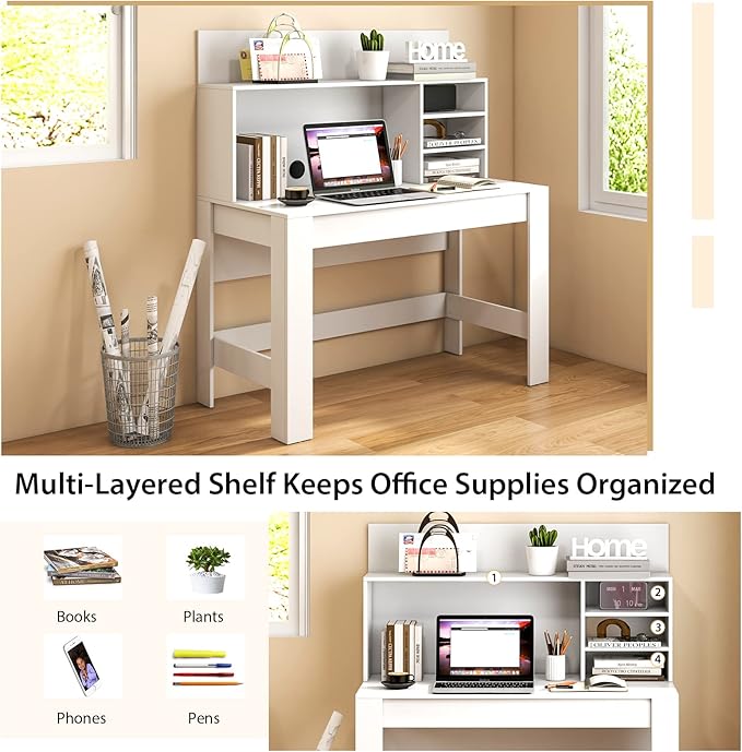 Giantex White Desk with Hutch, Home Office Desk with Bookshelf, Computer Workstation PC Laptop Table with Anti-Toppling Device & Cable Hole, Modern Study Writing Desk for Small Spaces, Bedroom