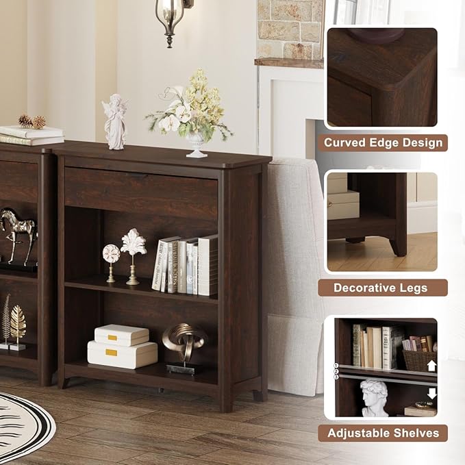 BON AUGURE Bookcase with Drawer, Open Storage Book Cases/Shelves, Floor Standing 3 Shelf Bookshelf for Farmhouse Living Room, Library Office, Bedroom, Kids (Brown Cherry)