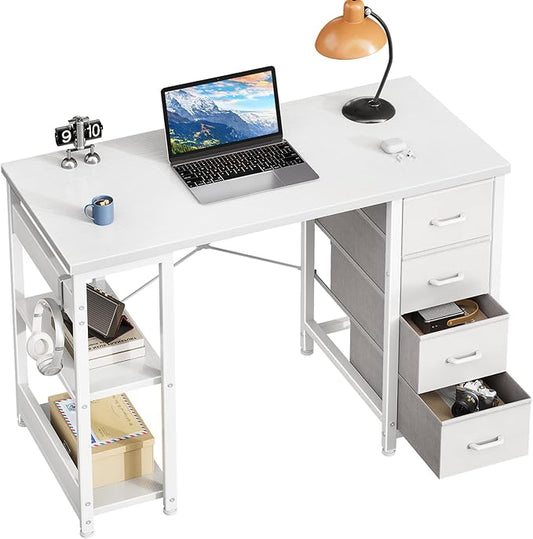 Casaottima 40 Inch Small Computer Desk with 4 Fabric Drawers, Modern PC Desk for Small Spaces, Home Office Desk with Storage Shelves, White