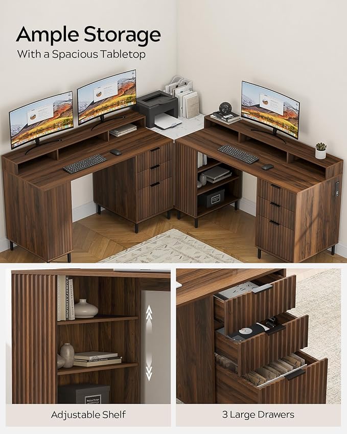 Brown Fluted Executive Desk with Storage Shelf & File Drawer, 55" Modern Wood Office Desk with Monitor Stand & Charging Station, Home Writing Computer Table for Work Study