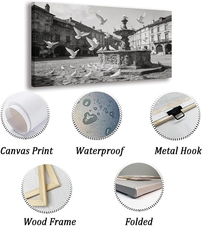 Vintage City Square Framed Canvas Wall Art for Dining Room, Black White Decor 24" L x 12" W