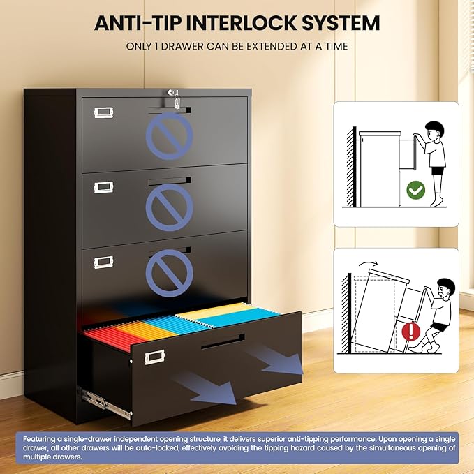 4 Drawer File Cabinet, Locking Lateral Filing Cabinet for Home Office, Black File Cabinets with Business Card Holder for Letter/Legal/F4/A4 Hanging Files