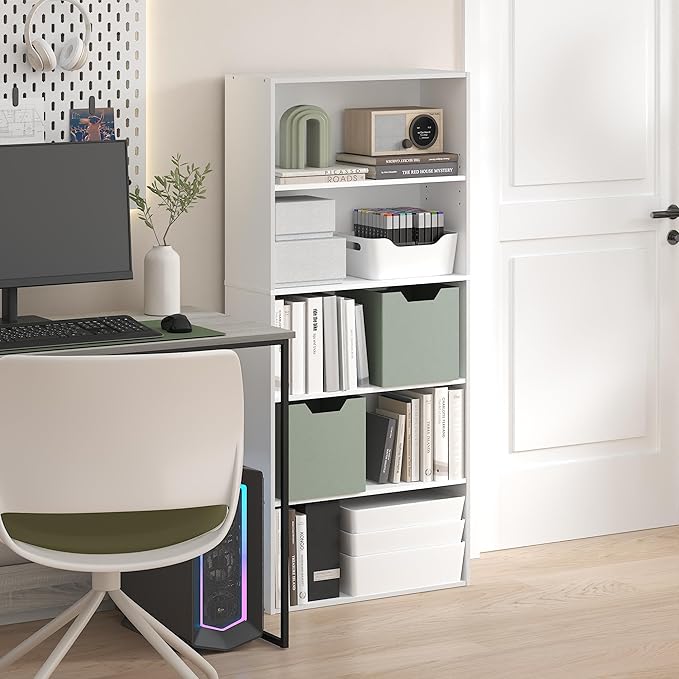 Furinno Jaya Book Shelf, 5-Tier Bookshelf, 52 Inch Tall Standing Bookcase with Adjustable Shelf, 9.5 x 23.6 x 52.6, for Home Office, Bedroom, Living Room, White
