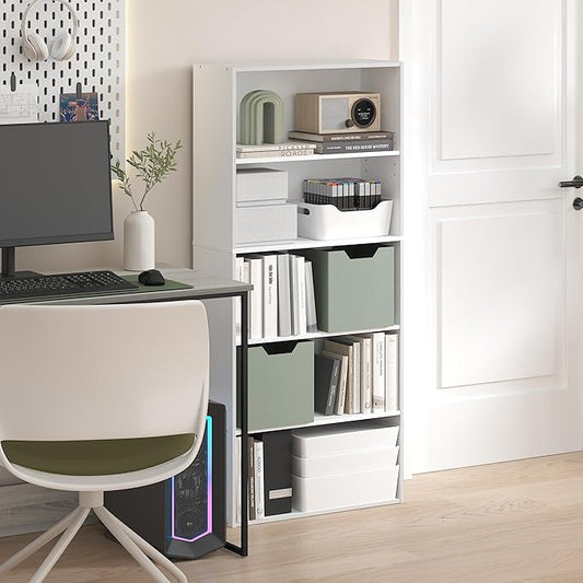 Furinno Jaya Book Shelf, 5-Tier Bookshelf, 52 Inch Tall Standing Bookcase with Adjustable Shelf, 9.5 x 23.6 x 52.6, for Home Office, Bedroom, Living Room, White