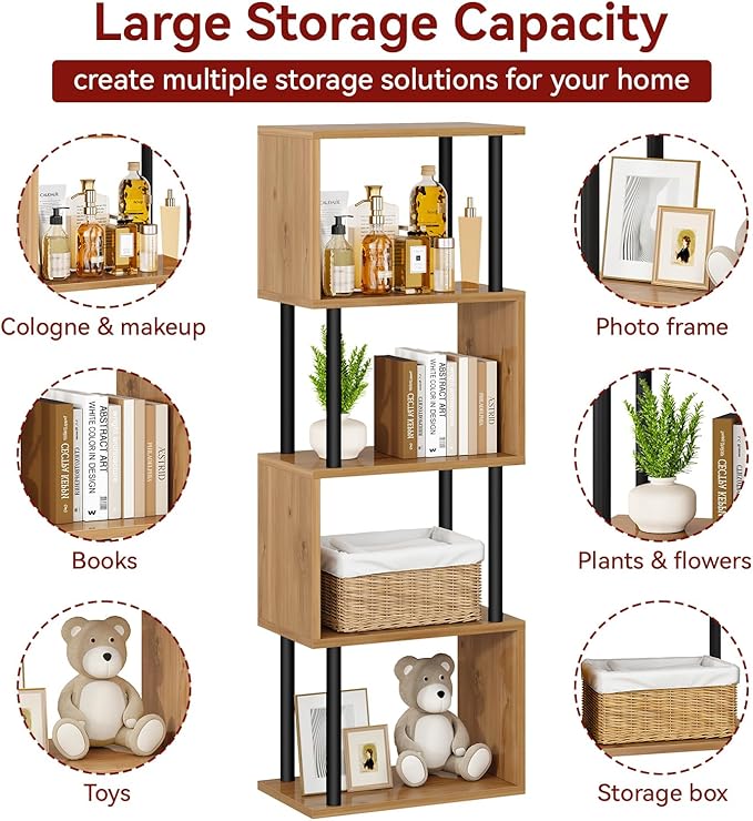 IBUYKE 5-Tier Tall Bookshelf,S-Shaped Geometric Bookcase, Wood Display Shelves with Storage,Modern Bookshelf for Living Room Bedroom, Home Office,Oak WBC015K