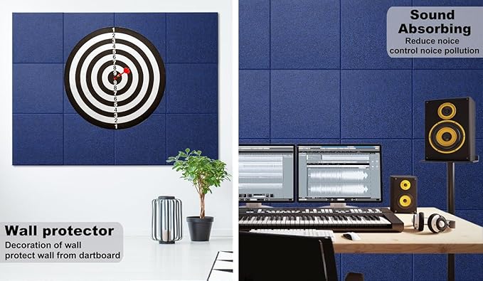 Felt Wall Tiles Bulletin Board Large Cork Board Alternative 6 Pack 11.81”x11.81”x0.47” Felt Pin Board Tack Board with Safe Removable Adhesive Tabs for Home Office School 36x24 (Dark Blue)