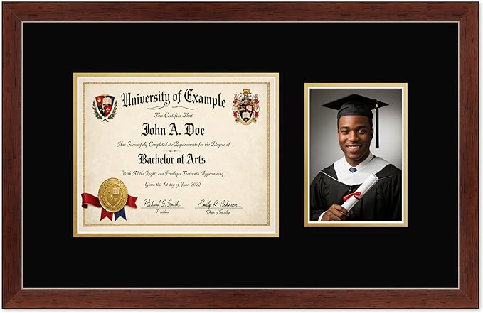 CountryArtHouse Fits 10 x 8 Professional License and 5 x 7 Photo Diploma and Photo Frame Rustic Walnut Genuine Hardwood with Black Over Metallic Gold Double mat