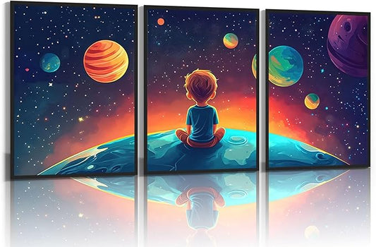 3Pcs Space Boy Wall Art Cute Inspirational Canvas Painting Space Fantasy Wall decor pictures with Planet Pattern posters Prints for Child’s Bedroom Office and Home Decoration Unframed 12x16in posters