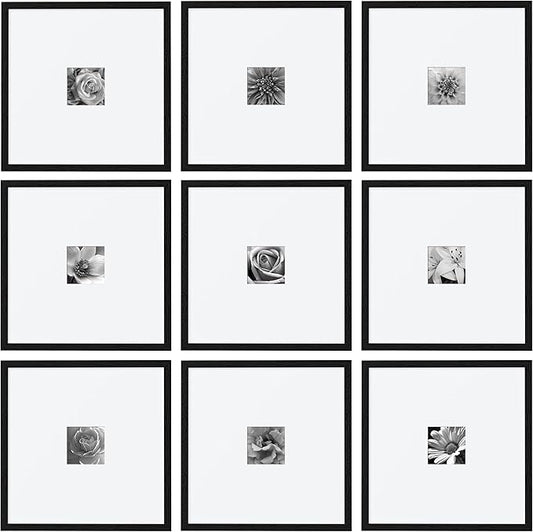 eletecpro 16x16 Picture Frames Set of 9, Classic Gallery Wall Frame Set for 4x4 Photos with Mat or 16x16 without Mat, Large Picture Frame for Art Prints, Black Poster Frames for Home Decor Wall