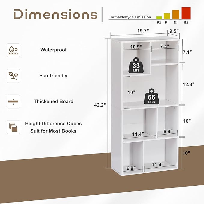 VECELO 42 Inch High Bookcase, 4-Tier Modern Storage Cabinet with Height Difference Shelves for Standard Textbooks, Floor Standing Display, 7 Cubes, Horizontal Avaiable, Easy Assembly, Pearl White