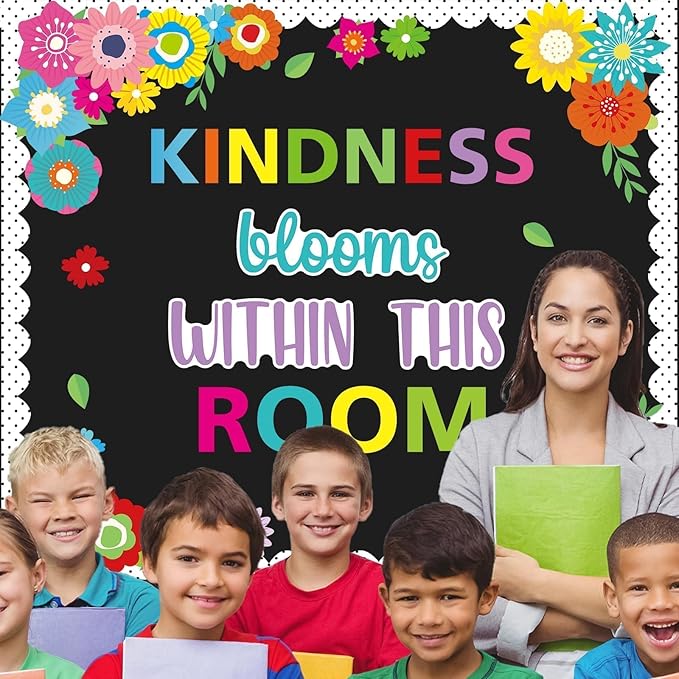 65pcs Spring Floral Classroom Bulletin Board Decoration Colorful Flower Kindness Blooms Flower Cutouts Floral Inspirational Bulletin Board for Spring Back to School Chalkboard Supplies Wall Decor