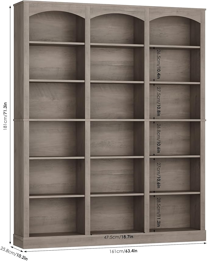 FACBOTALL 71" Triple Wide Bookshelf, 6 Tier Tall Bookshelf, Large Bookcase with Curved Baffle, 63.4" Wide Book Shelf with 18 Open Display Shelves for Living Room, Study, Gray