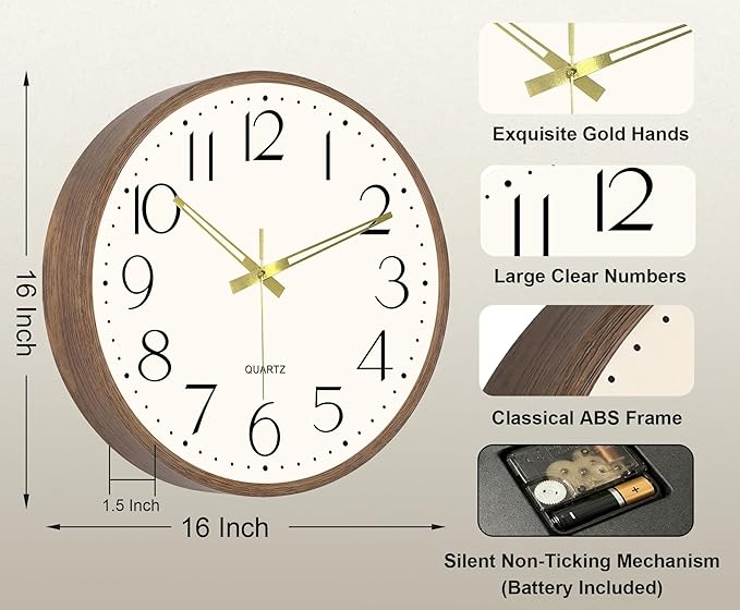 Vintage Wall Clock 16 Inch Quartz Silent Non-Ticking Analog Clock Battery Operated Rustic Round Decorative Clock for Living Room Kitchen Home Office Classroom