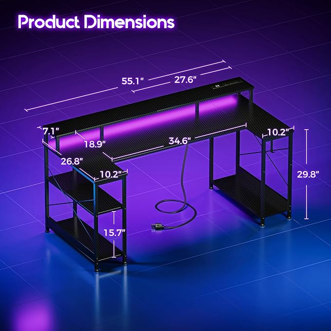 ODK 55 Inch Gaming Desk with LED Lights and Power Outlet, U-Shaped Computer Desk with Monitor Stand and Storage Shelves, PC Gamer Table for Home Office, Carbon Fiber Black