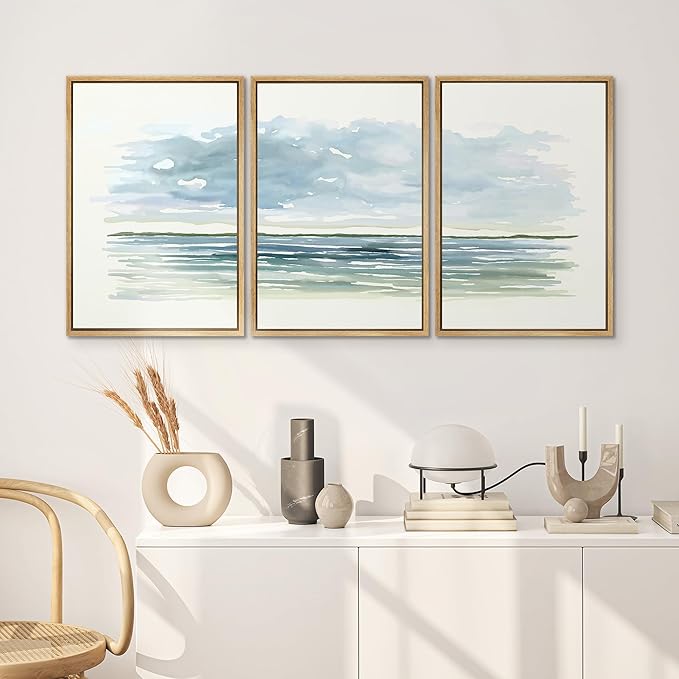SIGNWIN Framed Canvas Print Wall Art Set Blue Watercolor Ocean Scene Coastal Beach Horizon Illustrations Modern Art Decorative Abstract for Living Room, Bedroom, Office - 24"x36"x3 Natural