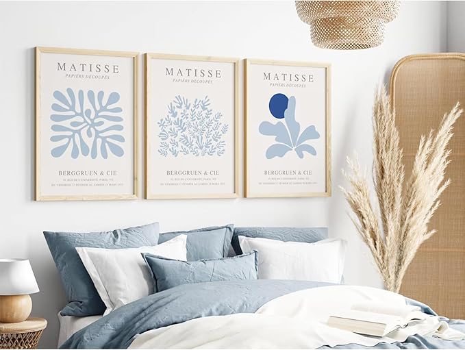Youillne Henri Matisse Wall Art Prints Abstract Aesthetic Canvas Wall Art Blue Wall Decor Abstract Matisse Poster Minimalist Pictures Flower Market Painting for Bathroom 12x16 Inch Unframed Set of 3