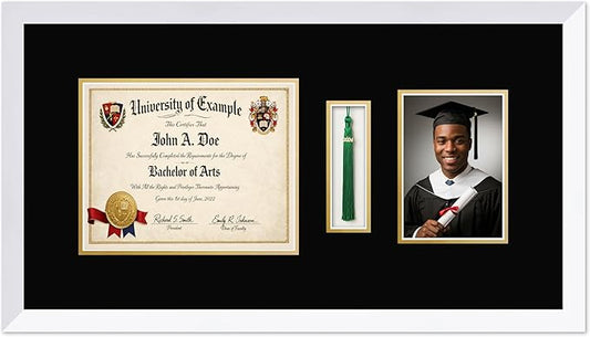 CountryArtHouse Diploma Tassel and Photo Shadowbox Fits 10 x 8 Professional License with Tassel Hook and 5 Bright White Genuine Hardwood with Black Over Metallic Gold Double mat
