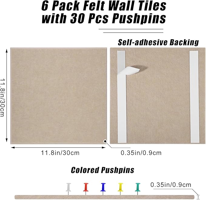 Large Cork Board 36" x 24", 6 Pack Felt Bulletin Board with 30 Pushpins, Cork Boards Alternative with Self-Adhesive Strips, Felt Wall Tiles Pin Boards for Walls Office Home School Decor-Tan