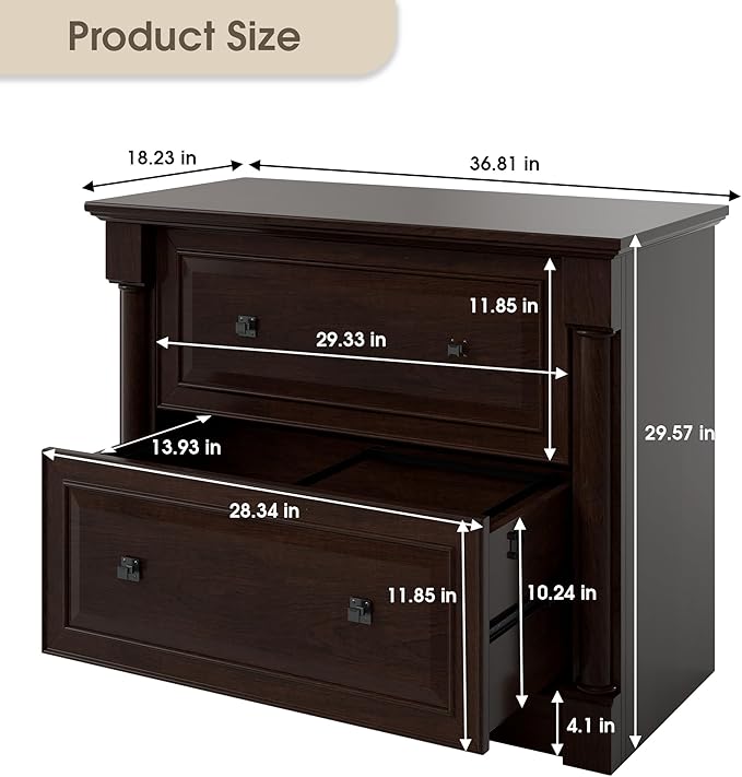 2-Drawer Roman Column File Cabinet, 36.8″ Wide Lateral File Cabinet with Hanging Folders, Fits Letter Legal A4 Sizes, Elegant Classic Design for Home Office Boss Room or Printer Stand, Dark Cherry